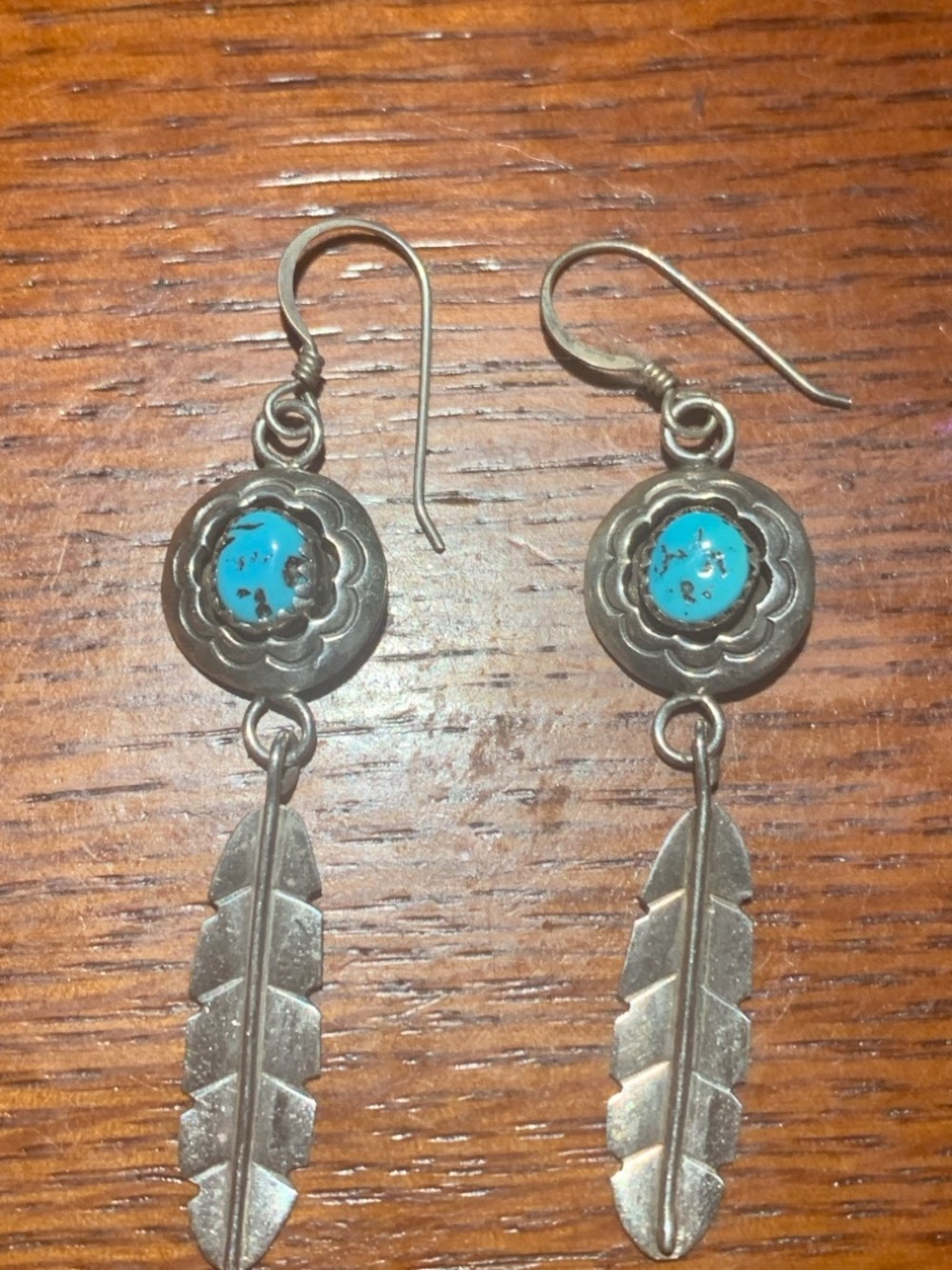 Navajo Shadowbox Turquoise Dangle Feather Drop Earrings Signed BL